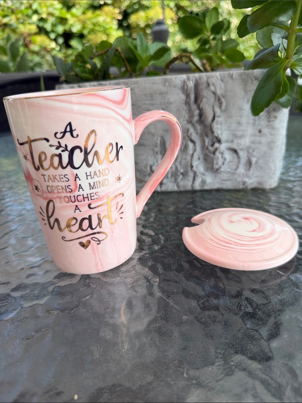 Pink Ceramic Teacher Mug with Lid and Gold Script Accent